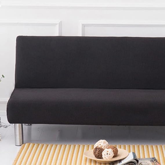 Surwin Armless Sofa Bed Cover Solid Color, Non Slip Stretch Futon Slipcover Protector Washable for 2 Seater / 3 Seater Folding Sofa Bed without Armrests (120-150cm,Black)