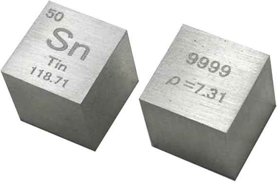 Periodic Table of Elements 10mm Pure Metal Cube Tungsten Carbon Nickel Copper, Density Up to 99.99%, for Element Collections Lab Experiment Material Hobbies Substance Block Display (Tin)