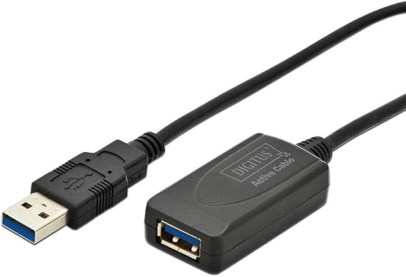 Digitus Aktif USB 3.0 uzatma kablosu, 5 metre, ek güç kaynağı, Plug & Play, siyah