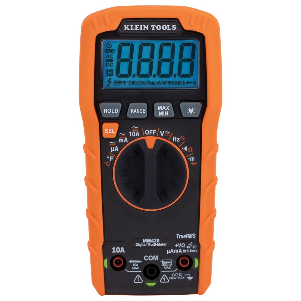 Klein Tools MM420 Digital Multimeter True RMS with Auto Ranging and Temperature Measurement 10A 50MΩ Lead Alert Backlight Auto Power-Off CAT III 600V