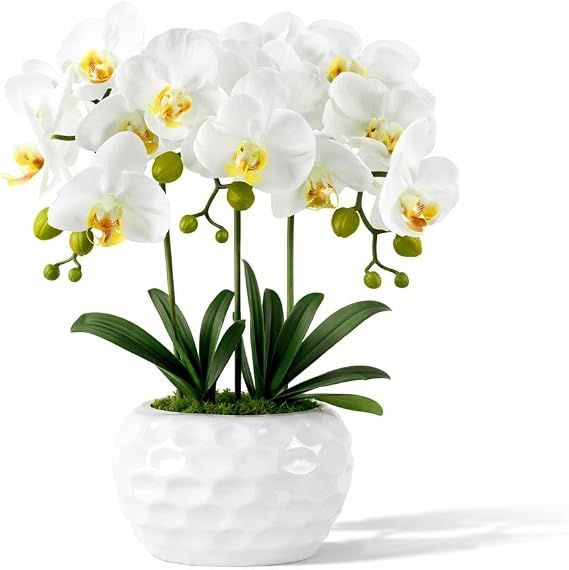 PlusFive Artificial Orchid, 47cm White Orchids Artificial Flowers in Pot, Fake Orchid Realistic Silk Phalaenopsis Flower Arrangement, Orchid Plant for Housewarming Gift/Table/Window Sill/Home Decor