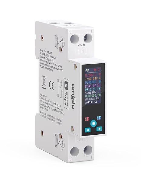 TONGOU WiFi Electric Consumption Meter, 1P+N/ 240VAC Color LCD Display Built-in WIFI Smart Switch Energy Meter, Compatible with Alexa, Smart Life/Tuya WiFi Electric Meter