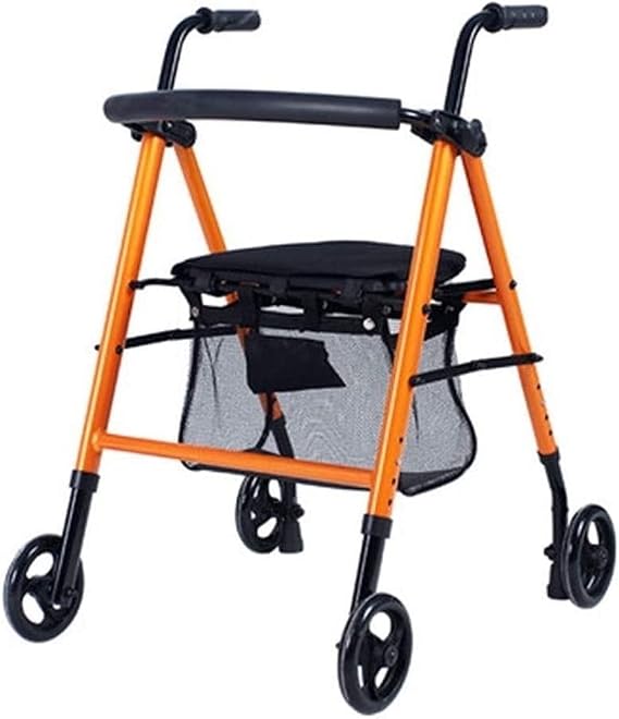 Multi-Function Shopping Trolleys Kitchen Storage Utility-Carts Foldable Two-Wheels Shopping Cart Height Adjustable Hand Push with Seat Walking Frame Elderly Walking Assist Carts Orange 78X58Cm