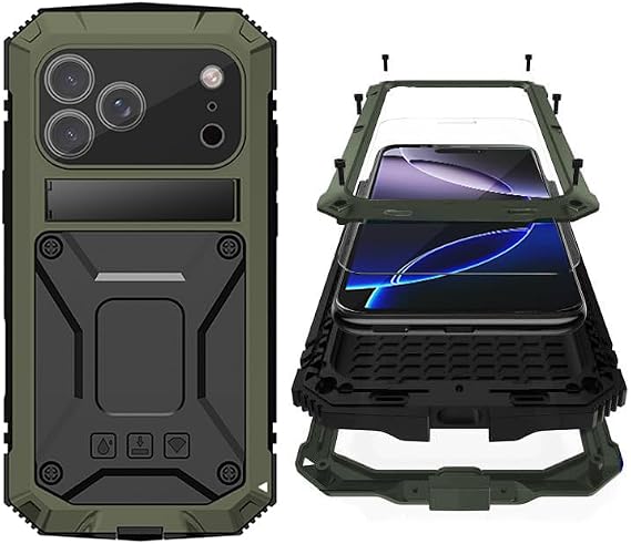 Simicoo iPhone 17 Pro Max用メタルミリタリーヘビーデューティーケース、メタルバンパーシリコン耐衝撃防塵頑丈なスタンド付きスクリーンプロテクターカメラコントロールフルボディドロップ保護カバーグリーン
