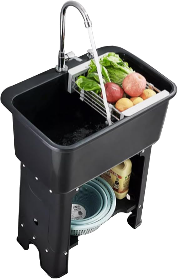 Utility Sinks for A Laundry Room,freestanding Plastic Kitchen Sink,Portable Handwashing Station for Washing Room, Basement, Utility Room,Garage(60X40cm/23.6X15.7in,Black)
