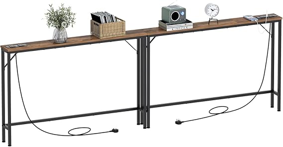 VEDECASA 5.9" Skinny Console Table with Charging Station Narrow Long Sofa Table with Power Outlets and USB Ports Slim Behind Couch Tables for Entryway Living Room 15Dx120Wx80Hcm, 2 Separate Sets