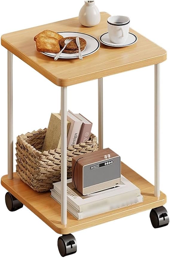 YCKEGEW 2-Tier End Table For Small Spaces,Mobile Nightstand With Storage Shelf,360° Swivel Side Couch Snack Tables Living Room Small Coffee Tables(Natural)