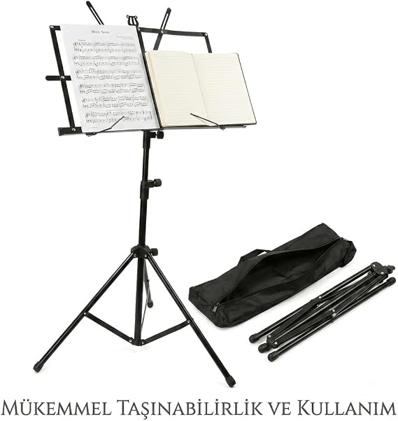 Katlanabilir Nota Sehpası Taşıma Çantalı, Ayarlanabilir Metal, Siyah