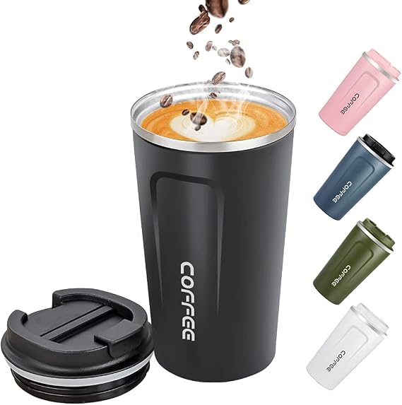 17oz (500ml) Vacuum Insulated Travel Mug, Leakproof Double Wall Stainless Steel Reusable Coffee Cup with Lid for Hot &amp; Cold Drinks, Black