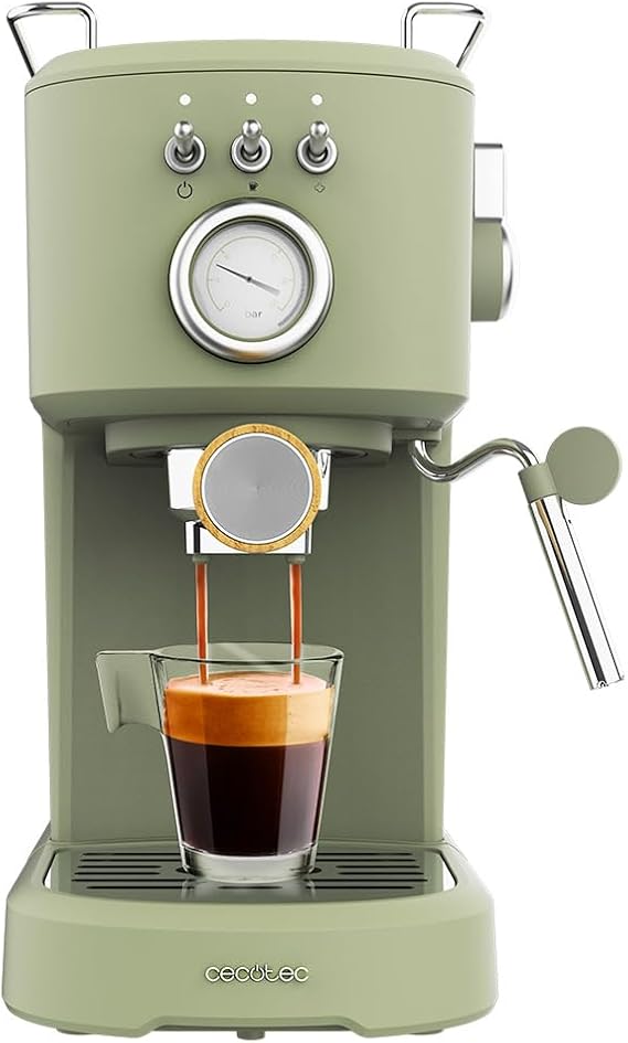 Cecotec Compact Espresso Coffee Maker Power Espresso 20 Retro Green 1100 W, 20 Bars, Steamer Steamer, Portafilter Arm with Dual Output and 2 Filters, 1.25 Litres