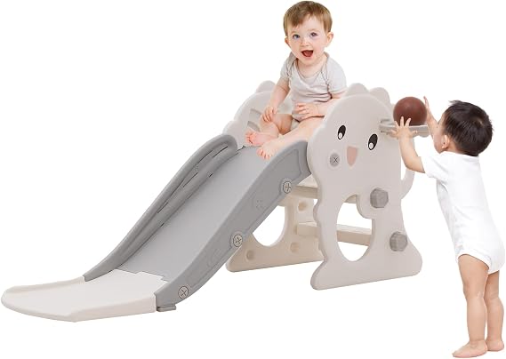 Toddler Slide with Basketball Hoop and Ball, Baby Slide Garden Toys, Grey