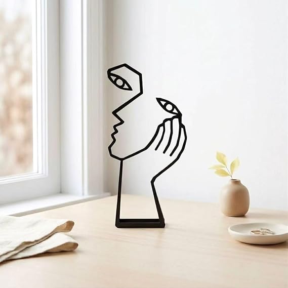 Thinker Statue Abstract Art Sculpture Home Decor, Metal Creative Face & Hand Abstract Statues Silence is Golden Abstract Art Figurine, for Home Office Desktop Bookshelf Decor (Metal, Black)