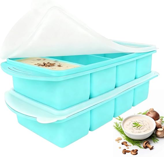 2 Pack Souper Cubes Silicone Freezer Tray, 1000ML Soup Freezer Containers with Lid, 4-Compartment Silicone Freezer Moulds, Makes 8 Perfect 1 Cup portions Cubes, for Meal Prep, Soup, Sauce (Cold Green)