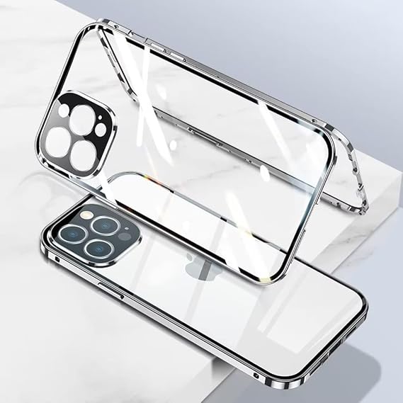 iPhone 14 Pro用ケース 安全ロック&強力な磁気吸着カメラレンズプロテクター メタルバンパー 360°フルボディ保護 両面強化ガラスシルバー