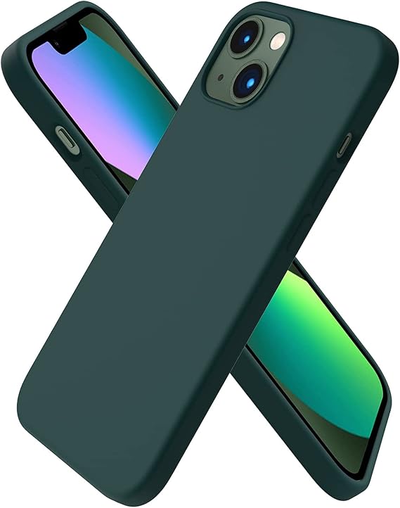 URUCHI iPhone 13 / iPhone 14 ile Uyumlu Kılıf, İçi Kadife Kaplamalı İnce Sıvı Silikon Tam Koruma Yumuşak Jel Silikon Kapak, Koyu Yeşil