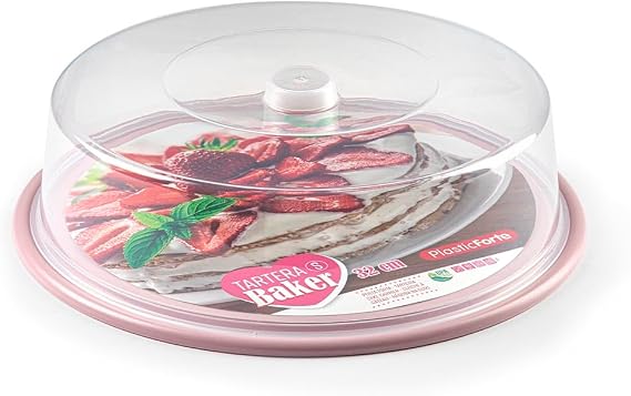 CABLEPELADO Cake Holder, Round Cake Container with High Lid, Cake Tray, Plastic Box, Food Transport Container, 9 cm Height x 32 cm Diameter, Plastic, Pink