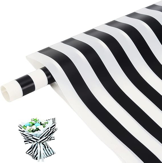 20 Sheets Korean Style Flower Wrapping Paper 23x23'' Black and White Stripes Floral Waterproof Bouquet Packaging for Wedding Valentine's Day (Black and White)