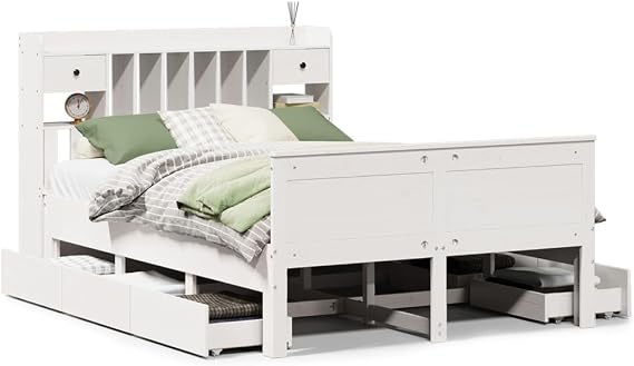 White Solid Wood Bookcase Bed Frame 140x200 cm with Storage Headboard without Mattress, Queen Size Space Saving Beds with Drawers for Small Bedroom, Rustic Loft Design with Slatted for Guest Room