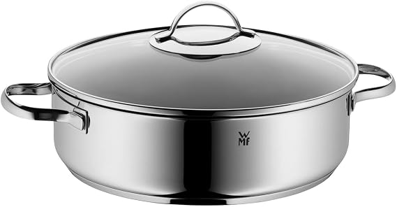WMF Devil – Rustidiera 11 Inch Diameter with Glass Lid, Stainless Steel Cromargan 18/10, Non-Stick Round Low Saucepan Suitable for Induction and Oven