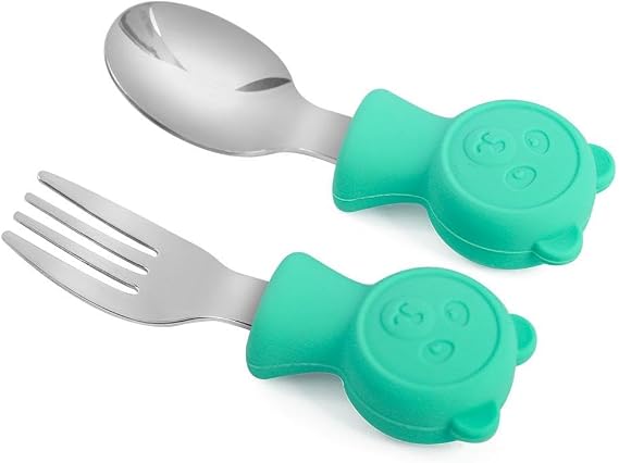 Valkyrie 304 Çelik Panda Bebek Kaşık Çatal SetiSilikon Saplı BPA İçermez Ergonomik Kaymaz Yeşil