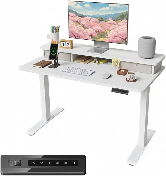 FEZIBO Height Adjustable Electric Standing Desk with Double Drawer, 100 * 60cm Stand Up Table with Storage Shelf, Sit Stand Desk with Splice Board, White Frame/White Top