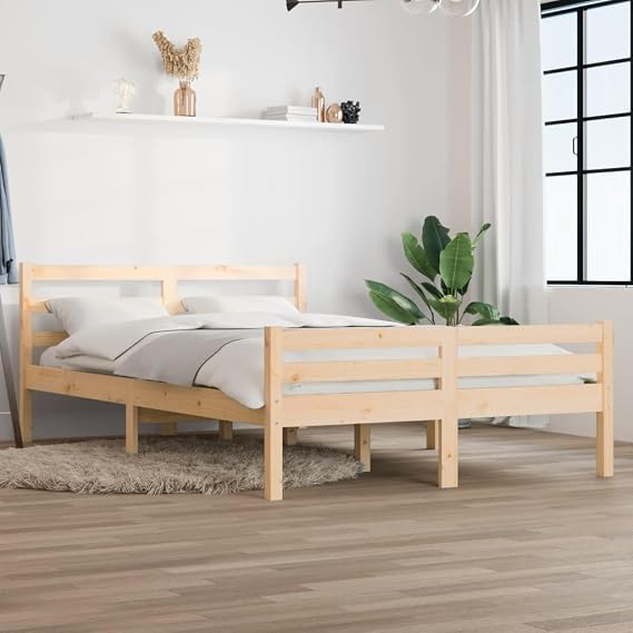 Solid Pine Wood Double Bed Frame 135x190 cm, Modern Rustic Bedframe with Headboard, 195.5x140.5x69.5 cm, Sturdy Wooden Slats for Bedroom, Guest Room and Loft Spaces