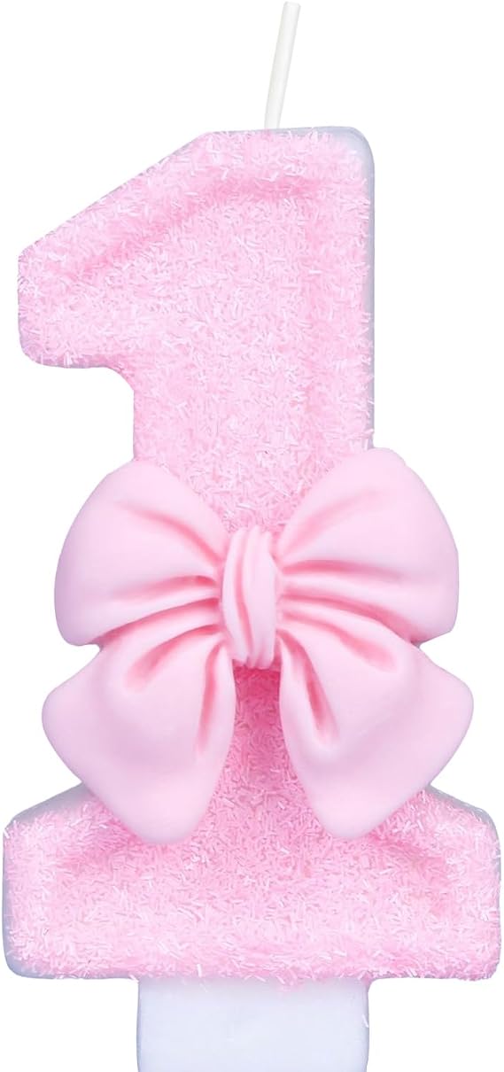 ZHIHUI Birthday Candle for Cake, Pink Bow Birthday Cake Topper Decoration, Cake Candles for 1st Girls Theme Party Supplies Birthday Party (Number 1)