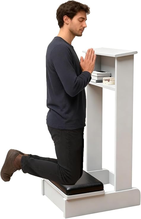Solid Wood Prayer Kneeler Bench With Cushion & Shelf - 20x6.5x33in Mation Stool For Church, Pulpit, Home Prayer - White Kneeling Chair For Comfort & Support White