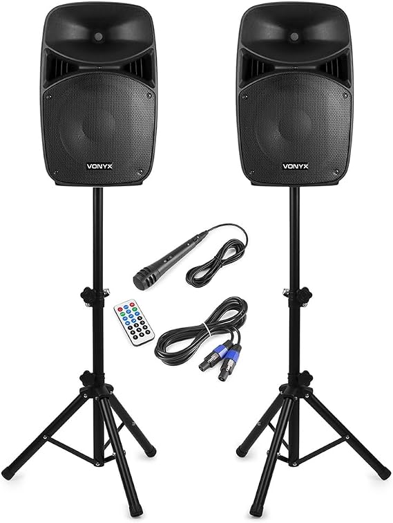 Vonyx VPS122A 12" Active PA DJ Speakers Bluetooth System with Stands, Microphone & Built-in USB MP3 Player for Medium Parties, Beginner DJs, Kids Events - 400W RMS Power, 800W Max Output