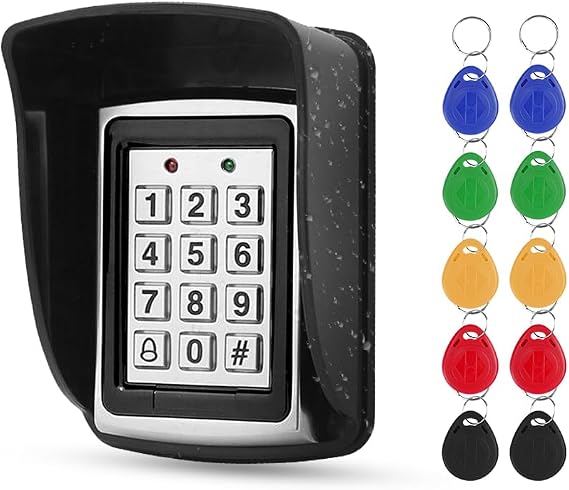 Outdoor DIY Installation Access Control System,RFID 125KHz,1000-Users,Card/PIN Access,WG26,Metal Backlit keypad with Rain Cover &10 Mixed Color ID Keyfobs,DC12V Door Entry Security System