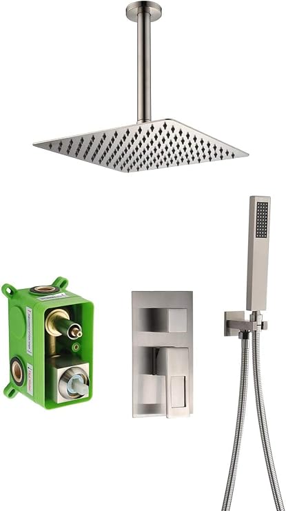 handheld showerShower System, Ceiling Mounted Shower System Including 10" Rain Shower Head, Pre-Installed Valve Bodies, Hand Shower, Brushed Nickel Rain Shower System, Luxury Shower Set