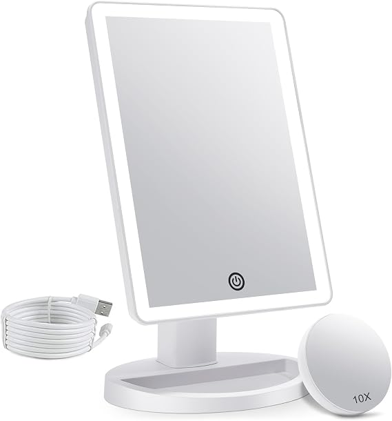 FASCINATE Makeup Vanity Mirror with 3 Color Lighting and Detachable 10X Magnification, 72 Led Lights Adjustable Dimming Touch Sensor, Dual Power Supply, 180° Rotation, Portable Cosmetic Mirror(Pearl)