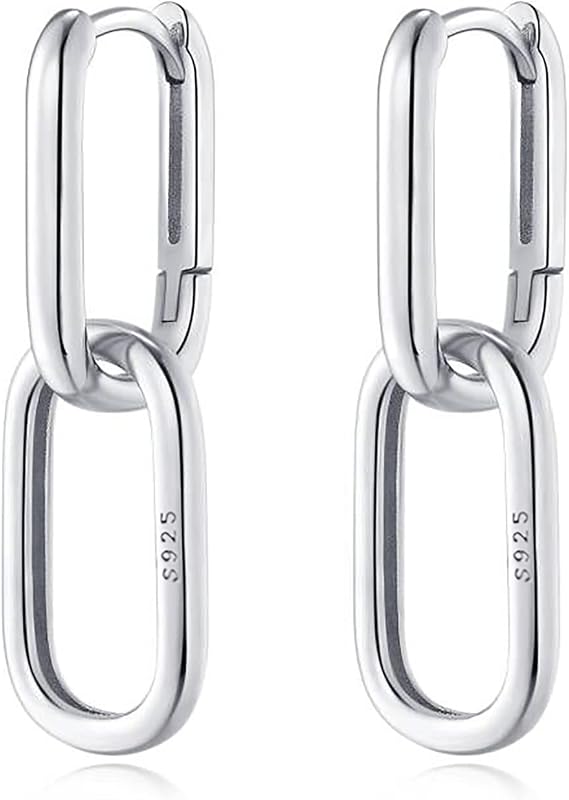 Reffeer 925 Sterling Silver Double Ring Hoop Earrings Huggie for Women U Hoop Earrings Square Hoop Chain Link Earrings