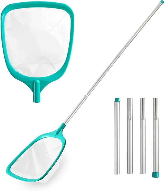 KAHEIGN 160CM Pool Skimmer Net with Pole, Swimming Pool Leaf Cleaning Net Fine Mesh Skimmer with 4 Aluminum Poles for Cleaning Pool Garden Pond Fountain Tubs SPA Fish Tank (Green)