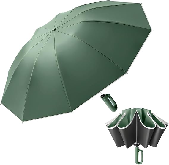 ThreeH Reverse Folding Umbrella UPF50+ 47/54 Inch Canopy Auto Open and Close with Carabiner Ring Handle and Reflective Trims 10 Fiberglass Ribs