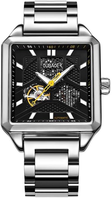 Men's Watch Automatic Square Watch, 42mm Big Dial Fashion Elegant Skeleton Mechanical Watch Stainless Steel Bracelet Waterproof Business Wristwatch