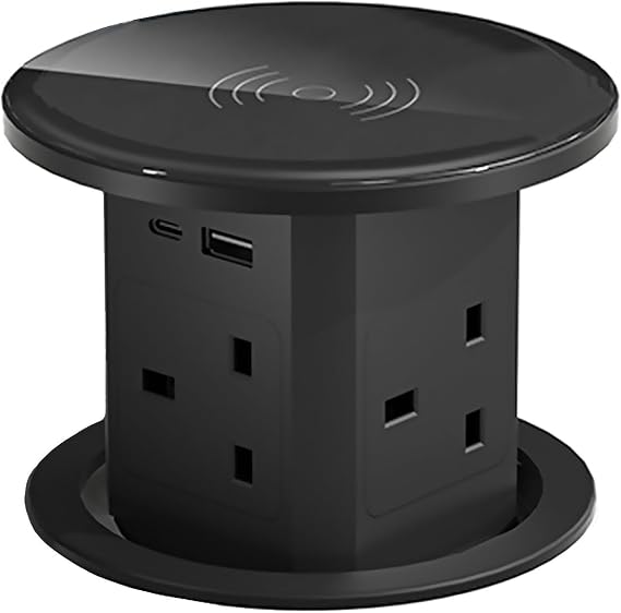 Pop up Socket, Automatic Pop up Extension Socket with 15W Wireless Charging, 4 UK Plugs, USB-A, 20W Type-C Port, Safe Power Solution for Home Office