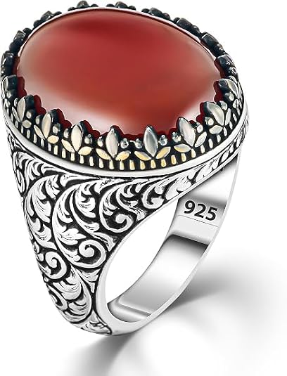 Solid 925 Sterling Silver Ring for Men Red Agate (Aqeeq) Men's Ring Turkish Handmade Agate Silver Luxury Vintage Men's Ring