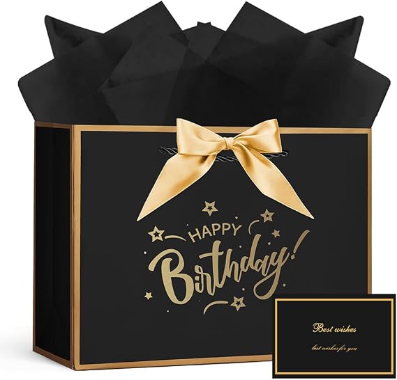 AOOSU Birthday Gift Bag, 32 * 22 * 10cm Birthday Party Gifts Bag with Greeting Handles and 3 Wrappers and 1 Cards, Luxury Paper Bags with Handles for Girls Womens Wedding Party Christmas Valentines