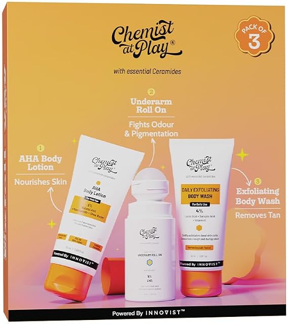 Chemist At Play Exfoliating Kit|Exfoliating Body Wash Body Wash For Rough Skin|Roll on Deodorant- Aqua Fragrance Prevents Odour Exfoliates Underarm| AHA Body Lotion For Dead Skin Cells & Radiant Skin