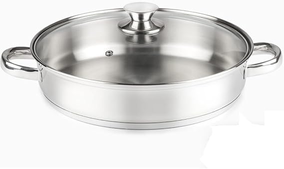 VIER Stainless Steel Casserole Dish 18/10 – 30 cm Diameter x 6.5 cm Capacity 4.6 Litres with Glass Lid | Hollow and Firm Handles