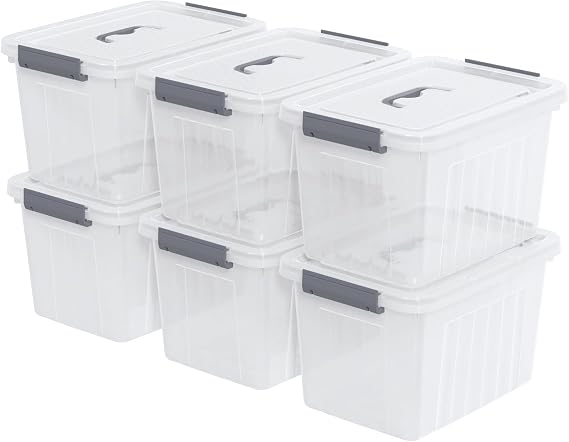 6 Packs Clear Latching Storage Bins, Plastic Storage Boxes with Lids, 12 L