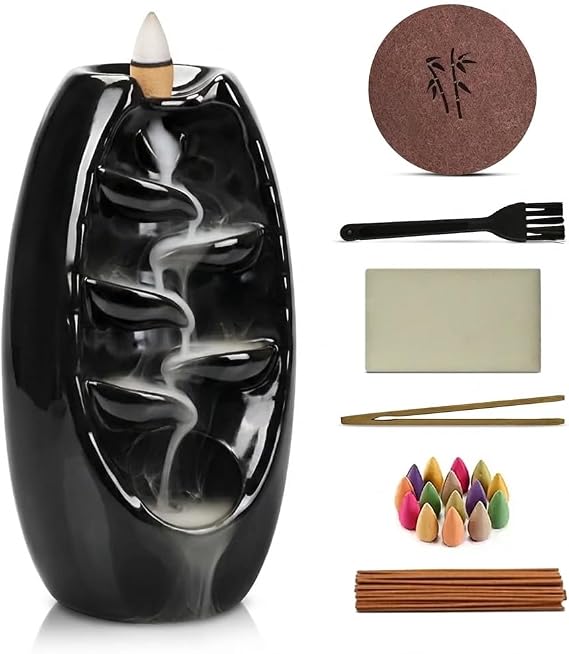 Ceramic Backflow Incense Burner Waterfall | 120 Backflow Incense Cones | 30 Incense Stick | 1 tweezer |1 Villus Mat | 1 Sponge |1 Cleaning Brush (Black)