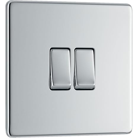 BG Electrical Double Wall Light Switch, 2 Way, Screwless Front Plate, Slim Profile, Premium Flatplate, Polished Chrome, 20A, 16AX, FPC42