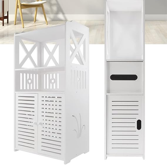 Bathroom Cabinet Storage Narrow Storage Cabinet Furniture, with Door Open Shelf, Free-standing Storage Cabinet with Paper Roll Holder, Tall Corner Shelf for Kitchen Corridor Entrances, Height 32inch