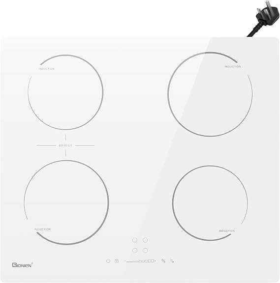 GlONlEN Plug-in Induction Hob White 13 Amp 2800W,59cm Integrated Electric Cooktop with Bridge Zone, 4 Cooking Rings,Built-in Cooker
