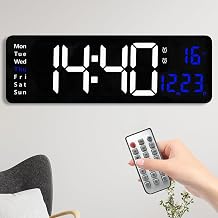 16IN Large Digital Wall Clock, LED Large Digital Clock with Remote Control, Date Week Temperature Display, Dual Alarms, 12/24H, 10-Level Dimmer, Countdown Timer for Living Room Office Kitchen