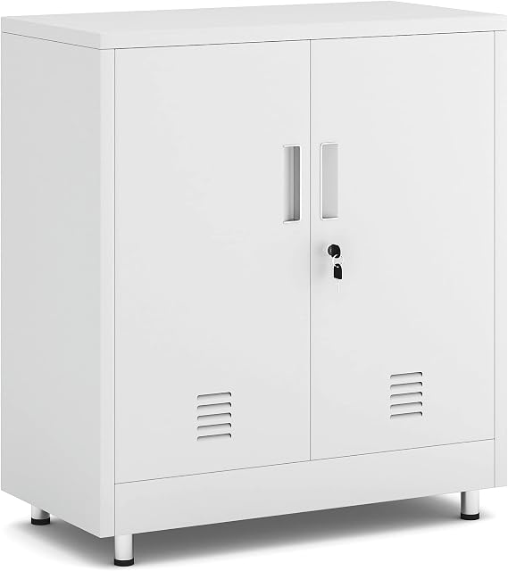 JINGUR Metal Storage Cupboard with Locking Doors and Adjustable Shelf, Small Lockable Sideboard Buffet Cabinet for Home Office Hallway Entryway Living Dining Room (White)