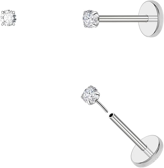 DAI JY 20G Threadless Flat Back Earrings Hypoallergenic Titanium Small Tiny Stud Earrings Push In CZ Nose Studs for Women Men Labret Cartilage Helix Conch Medusa Monroe Tragus Piercing Jewelry