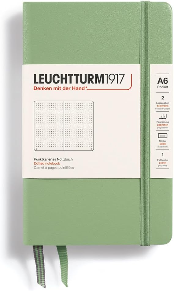 LEUCHTTURM1917 363944 Notebook Pocket (A6) Hardcover 187 Numbered Pages Sage Dotted